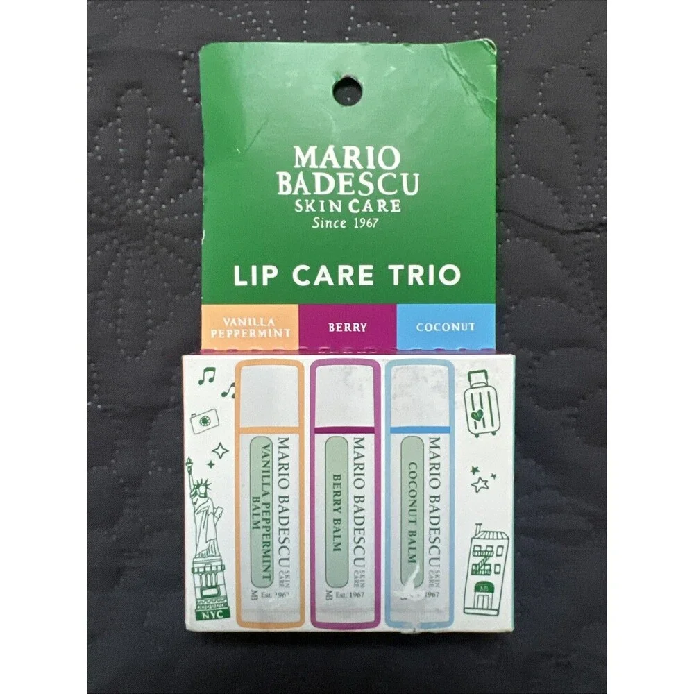 New Mario Badescu Lip Care 3 Lip Balms - Scents Vanilla Peppermint/Coconut/Berry